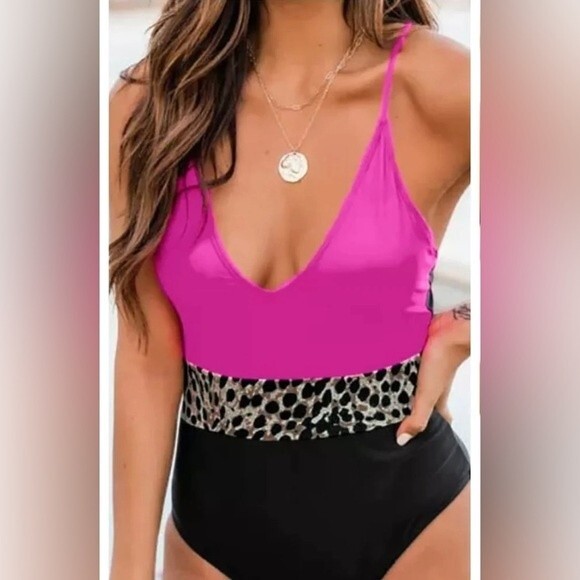 Rose Splicing Leopard Print Color Block One Piece Swimsuit Women’s Size Medium - Picture 1 of 13